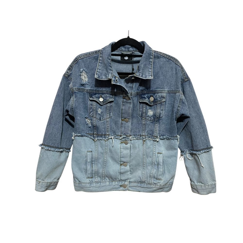 Boohoo Two-Tone Distressed Denim Jacket Ripped Raw Hem Grunge Y2k Size 6